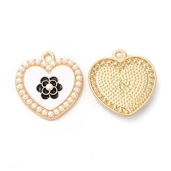 Alloy Enamel Pendants, with ABS Plastic Imitation Pearl Bead, Cadmium Free & Nickel Free & Lead Free, Golden, Heart with Flower Charm, White, 23x21.5x3mm, Hole: 2mm