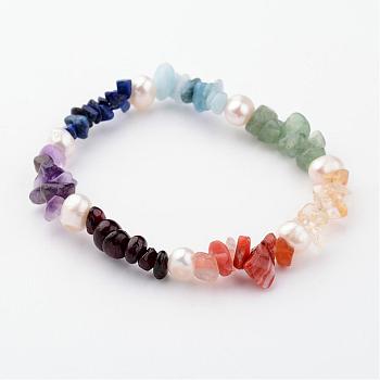 Natural Gemstone Stretch Bracelets, with Pearl Beads, 50mm
