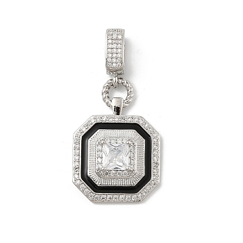 Brass Micro Pave Cubic Zirconia Pendants, Cadmium Free & Lead Free, with Enamel, Platinum, 40x30x20.5mm, Hole: 8x5mm