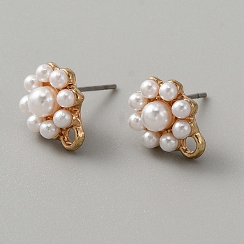 Alloy Stud Earrings, with Imitation Pearl Beaded & Horizontal Loops, Flower, Golden, 12x10mm, Hole: 2mm, Pin: 0.8mm