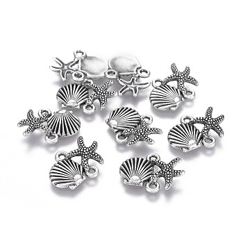 Tibetan Style Alloy Links connectors, Ocean Theme, Lead Free & Nickel Free & Cadmium Free, Starfish/Sea Stars and Scallop Shell Shape, Thailand Sterling Silver Plated, 18x13.5x2.5mm, Hole: 1.5mm