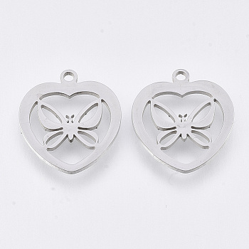 201 Stainless Steel Pendants, Laser Cut Pendants, Heart with Butterfly, Stainless Steel Color, 17.5x15.5x1mm, Hole: 1.4mm