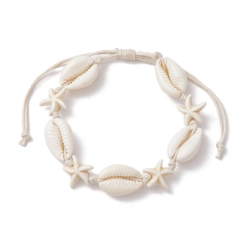 Natural Shell & Synthetic Turquoise Starfish Braided Bead Bracelets, Braided Adjustable Bracelet, White, Inner Diameter: 2~3-1/2 inch(5~9cm)