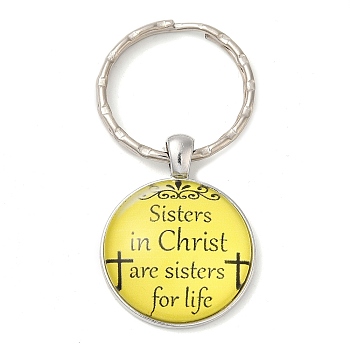 Half Round/Dome Alloy & Glass Pendant Keychain, with Split Key Rings, Word Sisters In Christ Are Sisters for Life, Yellow, 5.8cm