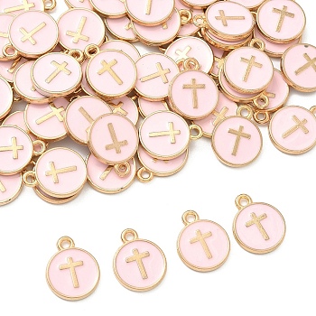 60Pcs Alloy Enamel Pendants, Light Gold, Flat Round with Cross, Misty Rose, 15x12mm