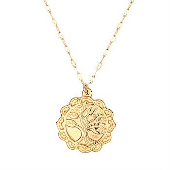 Golden Stainless Steel Pendant Necklace, Sun, Tree of Life, 19.69 inch(50cm), Pendant: 26x24mm