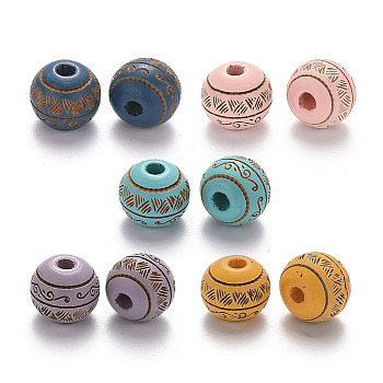Painted Natural Wood Beads, Laser Engraved Pattern, Round with Leave Pattern, Mixed Color, 10x9mm, Hole: 2.5mm