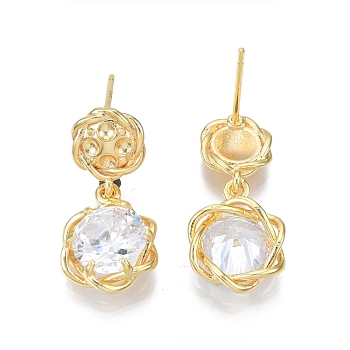 Clear Cubic Zirconia Lotus Flower Dangle Stud Earrings, Brass Jewelry for Women, Nickel Free, Real 18K Gold Plated, 22mm, Pin: 0.7mm