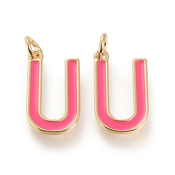 Brass Enamel Pendants, with Jump Ring, Long-Lasting Plated, Real 18K Gold Plated, Letter.U, Hot Pink, Letter.U, U: 18x10x1.8mm, Jump Rings: Inner Diameter: 3mm