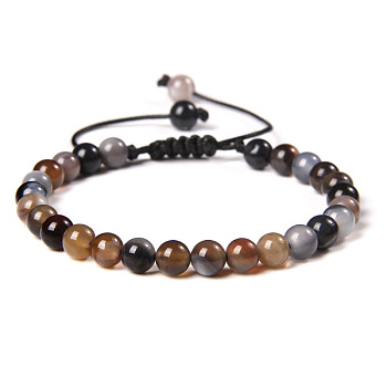 Natural Grey Agate Round Bead Adjustable Braided Bracelets, 6mm