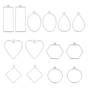 14Pcs 7 Styles 304 Stainless Steel Open Back Bezel Pendants, For DIY UV Resin, Epoxy Resin, Pressed Flower Jewelry, Heart & Hexagon & Rhombus, Stainless Steel Color, Mixed Shapes, 28~47x17.5~30.5x3mm, Hole: 1.6~2mm, Inner Diameter: 23~30.5x23~28.5mm, 2pcs/style