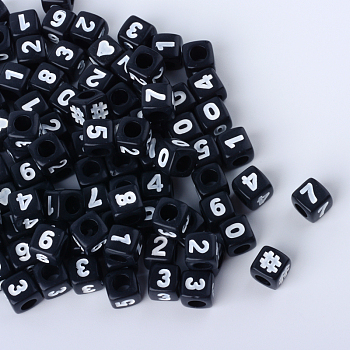 Opaque Acrylic European Beads, Large Hole Beads, Cube with Number, Black, 6.5~7x6.5~7x6.5~7mm, Hole: 4mm, about 1700pcs/500g
