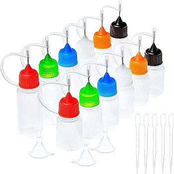Polyethylene(PE) Needle Applicator Tip Bottles, with Steel Pins. Mini Transparent Plastic Funnel Hopper and Plastic Transfer Pipettes, Mixed Color, 6.4x2.1cm