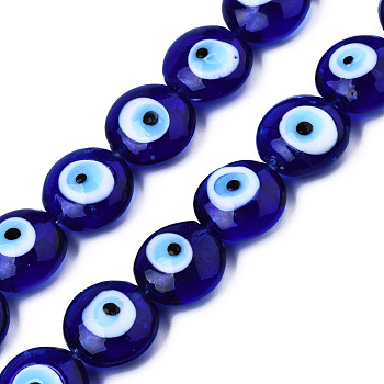 Handmade Evil Eye Lampwork Beads Strands, Flat Round, Medium Blue, 14~16x16~17x8.5~9mm, Hole: 1mm, about 25pcs/strand, 14.96 inch(38cm)