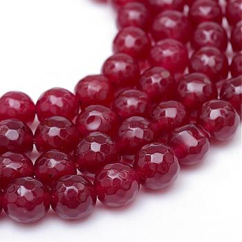 Natural White Jade Bead Strands, Dyed, Faceted, Round, FireBrick, 10~11mm, Hole: 1mm, about 37~39pcs/strand, 14.37~14.57 inch