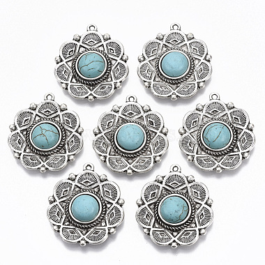 Antique Silver Flower Synthetic Turquoise Pendants