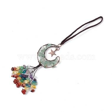 Natural Green Aventurine Moon with Mixed Gemstone Chips Tassel Pendant Decorations(G-L524-07R-A06)-2
