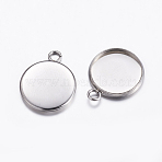 Non-Tarnish 304 Stainless Steel Pendant Cabochon Settings, Plain Edge Bezel Cups, Flat Round, Stainless Steel Color, Tray: 14mm, 19.5x16x2mm, Hole: 2.2mm(X-STAS-K146-054-14mm)