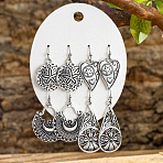 4 Pairs Zinc Alloy Dangle Earrings, Heart & Teardrop & Teardrop & Flat Round, Antique Silver, 33~49x16~25mm(FS-WG0AE12-07)