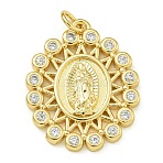 Virgin Mary Theme Rack Plating Brass Micro Pave Clear Cubic Zirconia Pendants, Long-Lasting Plated, Lead Free & Cadmium Free, Real 18K Gold Plated, Oval, Flat Round, 24x19.5x3mm, Hole: 3.5mm(KK-Z067-06G-02)