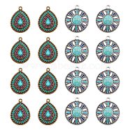 32Pcs 2 Style Alloy Enamel Pendants, with Acrylic Cabochons, Teardrop & Flat Round with Flower, Mixed Color, 24.5x18.5~20.5x3.5~6.5mm, hole: 1.6~2mm, 16pcs/style(ENAM-AR0001-30)