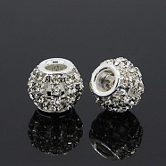 Brass Rhinestone European Beads, Large Hole Beads, Rondelle, Silver Color Plated, Crystal, 12x10mm, Hole: 4mm(RB-I066-01S)
