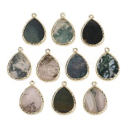 Natural Moss Agate Pendants, with Rack Plating Brass Teardrop Charms, Golden, 25x18x2.5mm, Hole: 1.4~1.6mm(G-K347-08G-05)