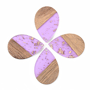 Transparent Resin & Walnut Wood Pendants, with Gold Foil, Teardrop, Lilac, 35.5x24.5x3mm, Hole: 2mm(RESI-S389-037A-B01)