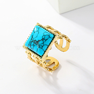 Real 18K Gold Plated Stainless Steel Open Cuff Rings, with Synthetic Turquoise, Rectangle, no size(XN6423-4)