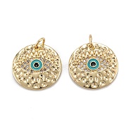 Brass Micro Pave Clear Cubic Zirconia Pendants, with Enamel and Jump Rings, Flat Round with Eye, Real 18K Gold Plated, 18x2.5mm, Hole: 3.5mm(X-ZIRC-A020-01G)