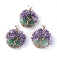 Natural Green Aventurine & Amethyst Big Pendants, with Rose Gold Tone Brass Findings, Flat Round with Tree of Life, 58~61.5x44~48x14~16.5mm, Hole: 4~5x3.5~6mm(G-G771-B01)