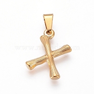 304 Stainless Steel Pendants, Bamboo Style, Letter, Golden Color, Letter.X, 19x14x3mm, Hole: 3x7mm(X-STAS-F235-01G-X)