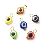 Evil Eye Resin Pendants, with Alloy Daisy Spacer Beads, Flat Round Charm, Mixed Color, Antique Golden, 16.5~17x10x6mm, Hole: 2.5~3mm(PALLOY-JF01798-01)