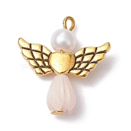 Resin Imitation Pearl Pendants, Rose Angel Charms with Antique Golden Plated Alloy Heart Wings, White, 23.5~24x22x6.5mm, Hole: 1.8~2.2mm(PALLOY-JF02565-12)