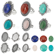 DIY Gemstone Finger Ring Making Kit, Including Natural & Synthetic Mixed Stone Cabochons, Flower & Oval & Flat Round Adjustable Alloy Ring Settings, Antique Silver, 12Pcs/bag(DIY-SC0022-50)