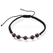 Adjustable Natural Garnet Braided Bead Bracelets, Nylon Cord Square Knot Bracelet, with Brass Findings, Golden, 2 inch(5.2cm)(BJEW-JB04599-01)