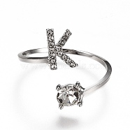 Alloy Cuff Rings, Open Rings, with Crystal Rhinestone, Platinum, Letter.K, US Size 7 1/4(17.5mm)(RJEW-I075-01P-K)