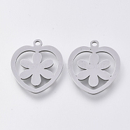 201 Stainless Steel Pendants, Laser Cut Pendants, Heart with Flower, Stainless Steel Color, 17.5x16x1mm, Hole: 1.2mm(STAS-S110-040P)