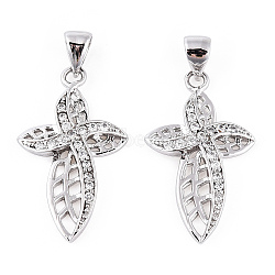 Rhodium Plated 925 Sterling Silver Micro Pave Clear Cubic Zirconia Pendants, Hollow Leaf Charms wit 925 Stamp, Real Platinum Plated, 25x15x3mm, Hole: 3.5x5mm(STER-T007-46P)