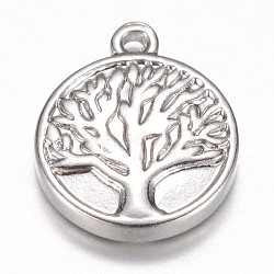 304 Stainless Steel Pendants, Flat Round, Tree of Life, Stainless Steel Color, 16x13x3mm, Hole: 1mm(STAS-G073-44P)