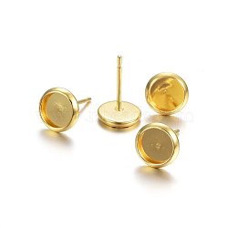 304 Stainless Steel Stud Earring Findings, Flat Round, Real 18k Gold Plated, Tray: 8mm, 10x2mm, Pin: 0.8mm(STAS-P210-46G-05)