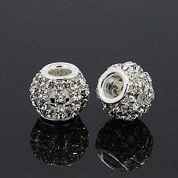 Brass Rhinestone European Beads, Large Hole Beads, Rondelle, Silver Color Plated, Crystal, 12x10mm, Hole: 4mm(RB-I066-01S)