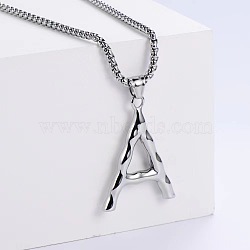 3Pcs Stainless Steel Textured Letter Pendant Box Chain Necklaces, Stainless Steel Color, Letter A(LW4134-27)