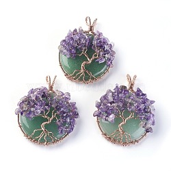 Natural Green Aventurine & Amethyst Big Pendants, with Rose Gold Tone Brass Findings, Flat Round with Tree of Life, 58~61.5x44~48x14~16.5mm, Hole: 4~5x3.5~6mm(G-G771-B01)