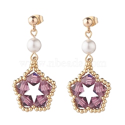 Pentagon and Shell Pearl Dangle Stud Earrings, Wire Wrapped Long Drop Earrings for Women, Golden, Plum, 41mm, Pin: 0.8mm(EJEW-TA00056-03)