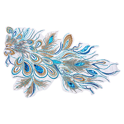 Peacock Tail Pattern Polyester Lace Computerized Embroidery Ornament Accessories, with Paillette/Sequin, for DIY Clothes, Bag, Pants Decoration, Prussian Blue, 650x400x0.1mm(DIY-WH0308-234B)