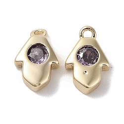 Brass Micro Pave Cubic Zirconia Charms, Real 18K Gold Plated, Hamsa Hand, Medium Orchid, 9x5.5x2mm, Hole: 1mm(KK-G491-27G-02)