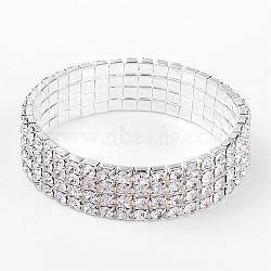 4 Row stretch Rhinestone Bracelet, Brass, Silver Color Plated,  about 15mm wide, 5cm inner diameter(B115-4)