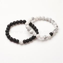Couples Stretch Bracelets, with Black Glass Beads and Howlite Beads, Frosted, 2-1/4 inch(58mm), 2pcs/set(BJEW-G554-01)