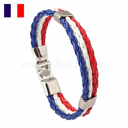 Flag Color Imitation Leather Triple Line Cord Bracelet with Alloy Clasp, Martinique Theme Jewelry for Women, Blue, 8-5/8 inch(22cm)(GUQI-PW0001-086G)